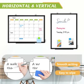 AMUSIGHT Dry Erase Calendar Whiteboard for Wall, 24" x 18" Magnetic Monthly White Board Calendar Dry Erase, Black Aluminum Frame Wall Hanging Calendar Board for Planning, Home, School, Office