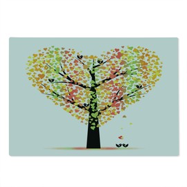 Lunarable Tree of Life Cutting Board, Heart Shaped Valentine Tree with Kissing Love Birds Floral Leaf Nature, Decorative Tempered Glass Cutting and Serving Board, Large Size, Multicolor
