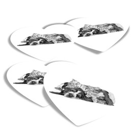Vinyl Heart Stickers (Set of 4) - BW - Sleepy Puppy & Kittens Dog Cat Fun Decals for Laptops,Tablets,Luggage,Scrap Booking,Fridges #36243