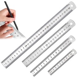 LACHT Set of 4 Stainless Steel Rulers 10 cm, 15 cm, 20 cm, 30 cm with Double Scale, Edge Measuring Tool, Metal Steel Ruler for Teaching, Office, Drawing, Engineering