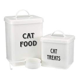 Pethiy Cat Food and Treats Containers Set with Scoop for Cats-Vintage Cream Powder-Coated Carbon Steel-Tight Fitting Lids-Storage Canister Tins-catfood-white