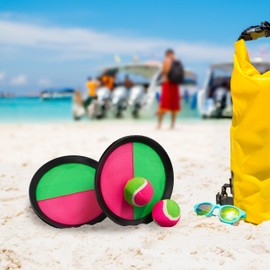 Relaxdays Velcro Ball Game Set, 2 Balls & 2 Hand Catchers, Velcro Game, Outdoor, Children & Adults, Beach Game, Pink/Green, Plastic, Rubber