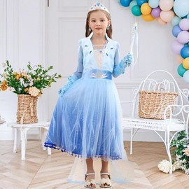 Snyemio Elsa Princess Dress Up for Girls Fancy Kids Costume with Accessories Carnival Cosplay Birthday Party Outfit, Blue, 2-3 Years(Tag 100)