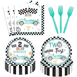 Boy Two Fast Birthday Party Tableware Set Dusty Blue Black Race Car Party Table Decorations Wheel Checkered Party Supplies Table Decorations Paper Plates Napkins Forks for 24 Guests(96 Pcs)