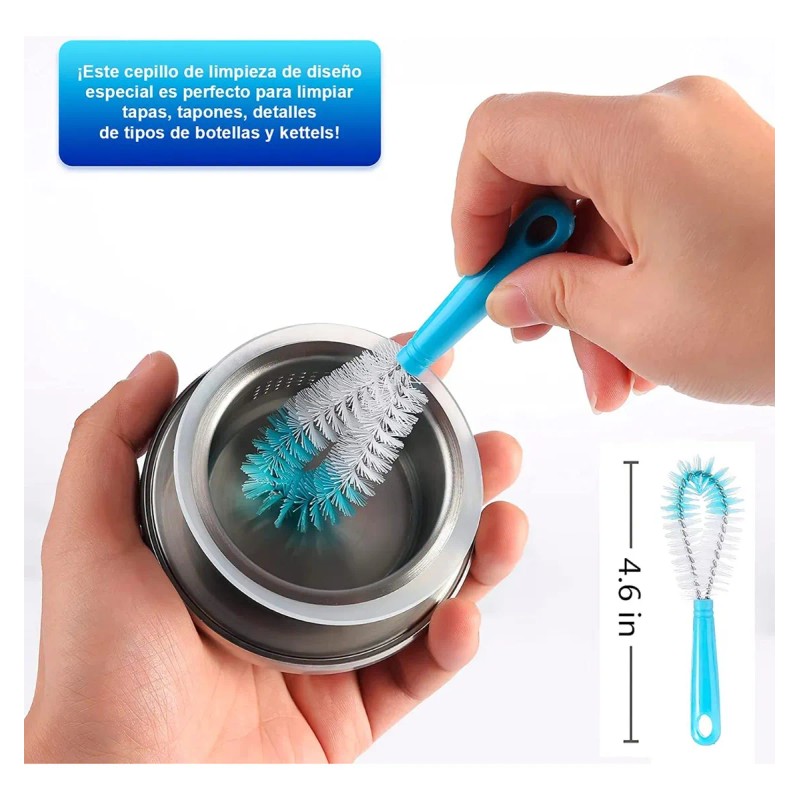 Set De 8 Cepillos De Limpieza Botellas Termos Botes Celeste