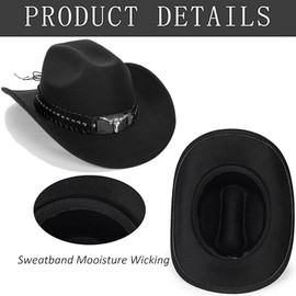 IZUS Men Western Cowboy-Hat with Bull-Horn-Strap - Classic Wild-West Cowgirl Hat Women Retro Roll-Up-Brim Felt-Fedora