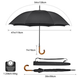 G4Free Wooden J Handle Umbrella 54 Inch Large Auto Open Classic Windproof Rain Stick Umbrellas for Men Women (Black)