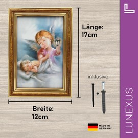 Lunexus Guardian Angel Picture 12 x 17 cm with Wooden Frame and Real Glass - Catholic Blessed - Angel with Lantern Protects Sleeping Baby - Wall Picture Birth Christening Children's Room Religious