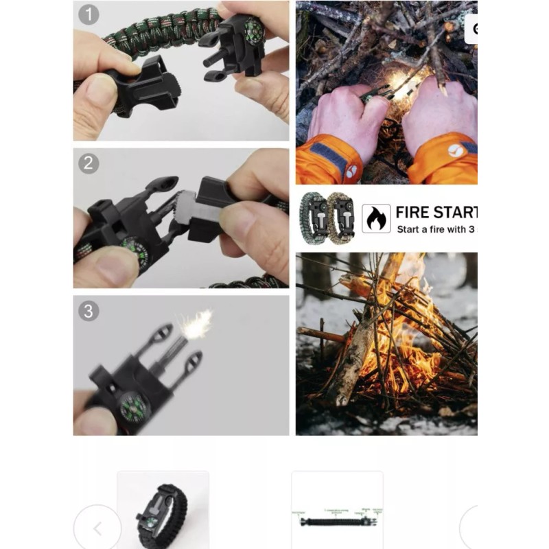 CAMPOUT PARACORD SURVIVAL BRACELET, COMPASS, FLINT, FIRE STARTER, WHISTLE CAMPING