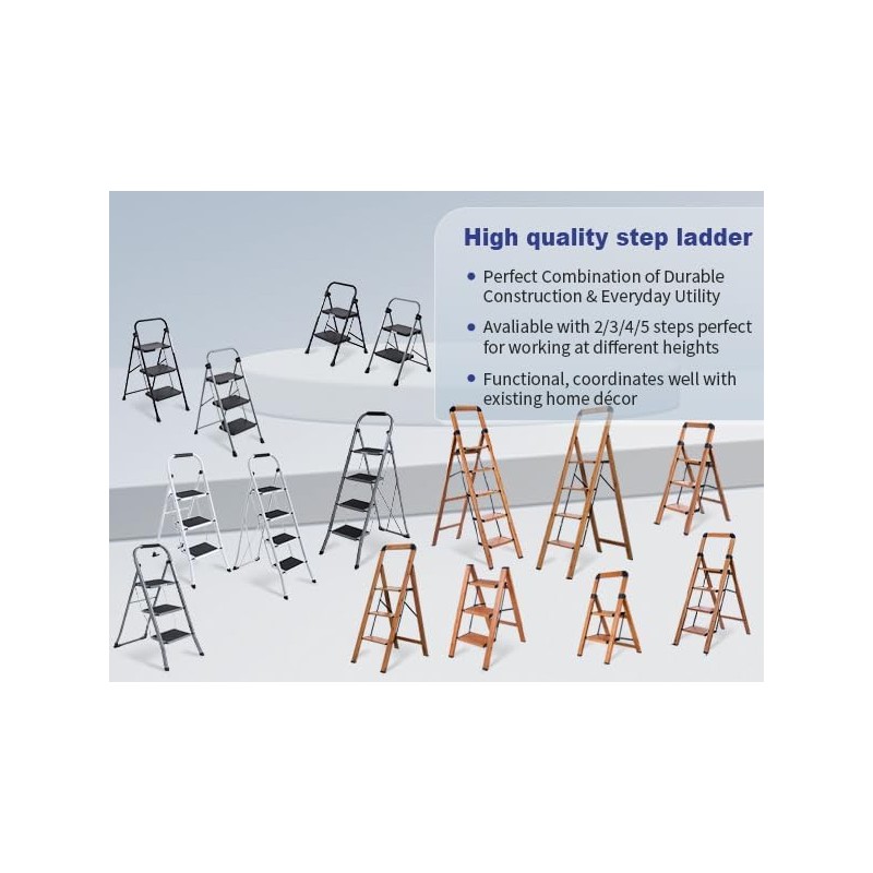 Step Ladder 3-Step Woodgrain Finish Aluminum Folding Step Ladders Wide