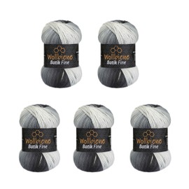 5 x 100 g Wollbiene Batik Fine, 500 g Wool with Colour Gradient, Multicoloured Knitting Wool, Crochet Wool (5000 Black, Grey, White)