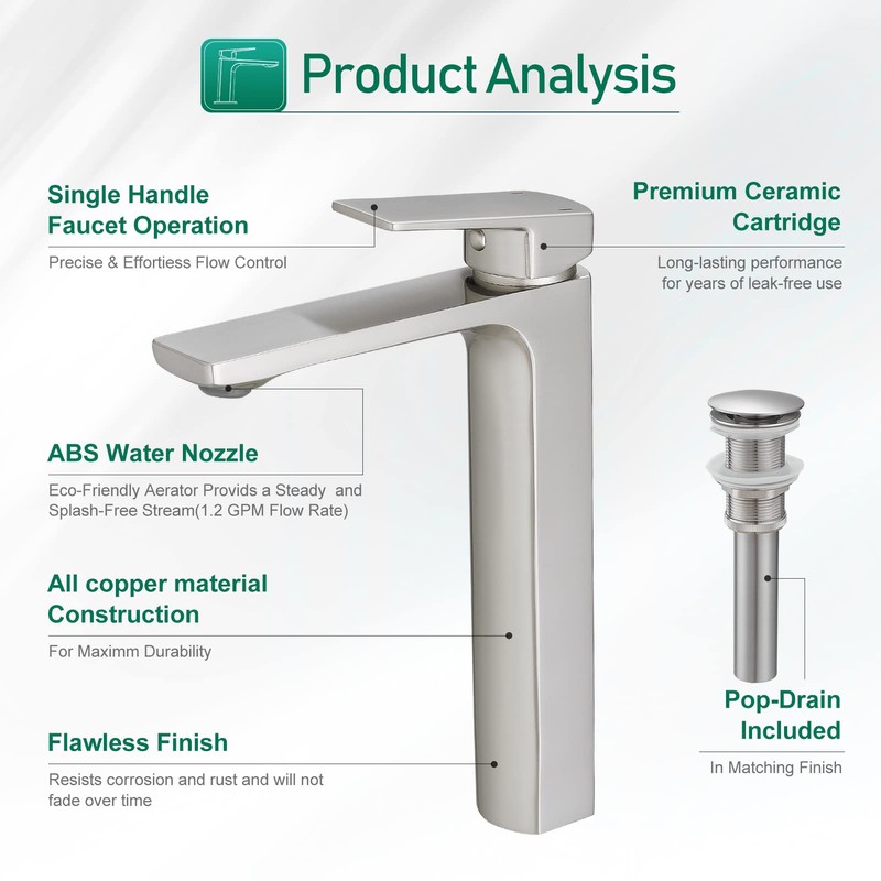 VOTON Brushed Nickel Vessel Sink Faucet Single Handle Tall Bathroom