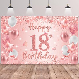 18th Birthday Decorations Backdrop Banner - Rose Gold Happy 18th Birthday Banners Decor for Girls, Large Photo Backdrop Background for 18 Years Old Party Supplies(180x110cm)