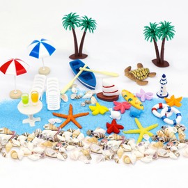 Spetsbst 29 Pieces Beach Micro Landscape, Mini Decorations Miniature Ornament Set for DIY, Summer Beach Decoration, Miniature Set with Mini Lounger Chair/Palm Tree/Parasol/Shells/Sea Creatures etc.