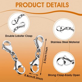 Grevosea 4 Pieces Double Lobster Clasp Extender, Stainless Steel Lobster Claw Clasps Double Claw Connector Bracelet Necklace Extender for DIY Jewelry Making Women and Girls Gifts(Silver)
