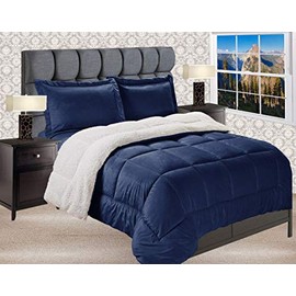 Elegant Comfort Premium Quality Heavy Weight Micromink Sherpa-Backing Reversible Down Alternative Micro-Suede 3-Piece Comforter Set, Queen, Navy Blue