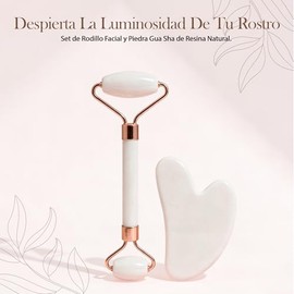 Nuvea Set de Masaje Facial de Resina Natural - Incluye Rodillo Facial de Doble Cabezal y Piedra Gua Sha para Cuidado de la Piel, Herramientas de Belle