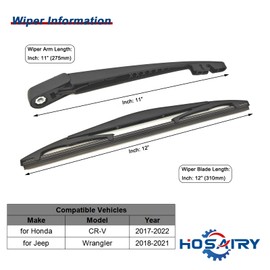HOSAIRY Rear Wiper Arm Blade Set for Honda CRV CR-V 2017-2022, for Jeep Wrangler 2018-2021 Rear Windshield Wiper Arm Blade Assembly 76720-TLA-A01 76730-TRN-H01