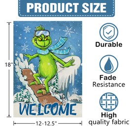 Dyrenson Welcome Winter Skiing Decorative Garden Flag, Funny Cartoon Character Yard Outside Home Decorations, Christmas Seasonal Snowflake Burlap Outdoor Small Decor Double Sided 12 x 18