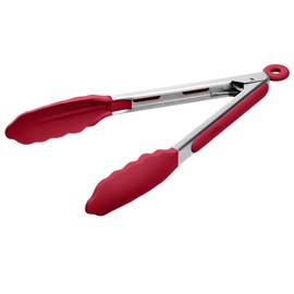 Doosu Kitchen Tongs for Cooking - 600°F Heat Resistant Food Tong with Non-Scratch Silicone Tips, Heavy Duty Stainless Steel Locking Tong for BBQ, Grilling Steak, Serving Salad, Pasta (9in, Red)