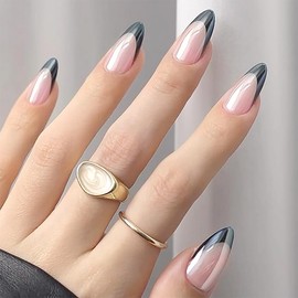 LPOODDNU Almond Press on Nails Black French Tip Medium Fake Nails Glossy Full Cover Coating Stick on Nails Gradient Plating False Nails Cute Acrylic Nails Press ons Chrome Nails for Women Girls 24Pcs