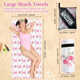 Pink Bow Oversized Beach Towel - Flower Double-sided Velvet Lightweight Pool Towel 71"x35" Absorbent Quick Dry Towel Sand Free Blanket for Bath Sport Travel Beach Swimming Camping for Girl Women