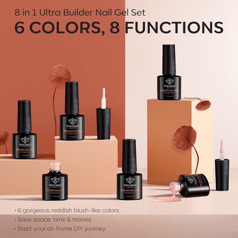 Modelones Builder Gel 6 Colors, 8-in-1 Builder Nail Gel Set