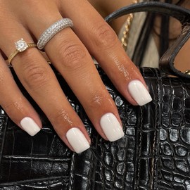 White Press on Nails Short Square, Soft Gel Glue on Nails Short Square Nails Press ons, Solid Color Acrylic Nails Short Fake Nails Glue on Short Stick on Nails for Women Thick Reusable 24pcs