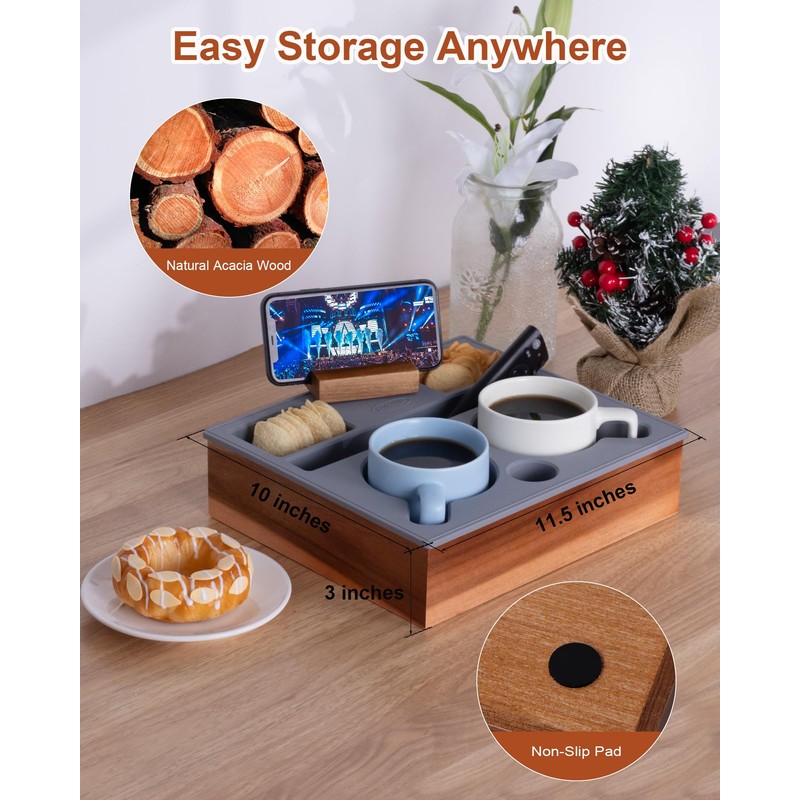 Hitseon Couch Cup Holder Tray, Portable Silicone Acacia Wooden 2