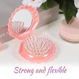 Shell Shape Foldable Travel Hair Brushes with Mirror, Metallic Shinning Finish Mirror Brush Compact Folding Pocket Hairbrush for Purse, Cute Hair Massage Comb Mini Travel Brushes for Hairs Women Gifts