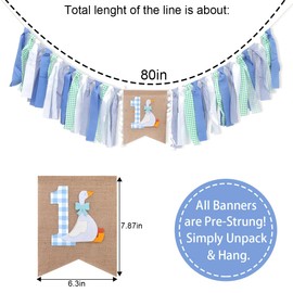 One Silly Goose High Chair Banner - Pink Grid 1st Birthday Decoration，First Birthday Fabric Garland, 1st Party High Chair Skirt,Boys First Birthday Party Decorations, Blue Goose 1st Birthday Banner