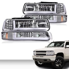PIT66 LED DRL Headlight Assembly, Compatible with 1999-2002 Chevy Silverado / 2000-2006 Tahoe Suburban Headlamp w/Bumper Lights Clear Lens Chrome Housing Amber Reflector