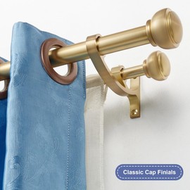 Yun Nephele Double Curtain Rods Warm Gold, Adjustable Double Rod Curtain Rods 48 to 84 Inch, Double Window Decorative Rods with Cap Finials, 1-Inch Front and 5/8 Inch Back Double Window Drapery Rod