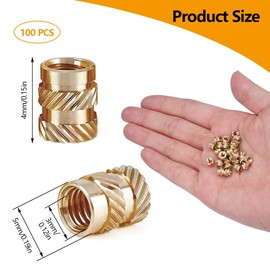 Pack of 100 Brass Press-in Nuts Knurled, M3 Brass Threaded Insert, Female Thread Insert Inserts, Brass Nuts Thread Insert for 3D Printing Components and Plastic Parts (3 x 4 x 5 mm)