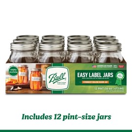 Ball Regular Mouth Easy Label Glass Mason Jars with Lids and Bands, Used for Canning, Pickling, Juice, Jam, Jelly, Pint Size 16 Ounce (Pack of 12)