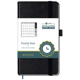 BEZEND Monthly Planner 2026-2027, 2 Year Agenda, Pocket Calendar Book 3.5" x 6.5" (Jan 26 to Dec 27) Thick 100 GSM Paper, Storage Pocket, Pen Loop & Notes, PU Leather Hardcover in Black