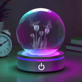Briignite LED Night Light, 3D Crystal Ball Night Lights Butterflies and Flowers, Flower Glass Ball Lamp with LED Stand Night Light Plug in for Bedroom Home Decor