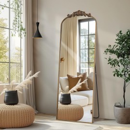 Melodieux 58"x18" Arched Full-Length Mirror with Vintage Ornate Carved Accents- Freestanding or Wall-Mounted, Bronze Metal Frame for Bedroom, Living Room & Entryway