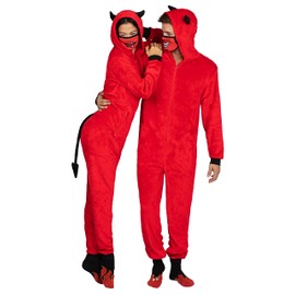 Prestigez Womens Holiday Matching Couples Costume Pajamas Onesie With Socks and Mask, Ghost, Devil, and Skeleton, Red - Devil, Large