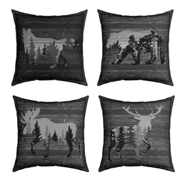 Set of 4 Vintage Bear Throw Pillow Covers,Cabin Deer Hunting Cushion Case for Home Living Room Decor, Reversible Farmhouse Wolf Animals Black Grey Decorative Throw Cushion Case, 18x18 Inches