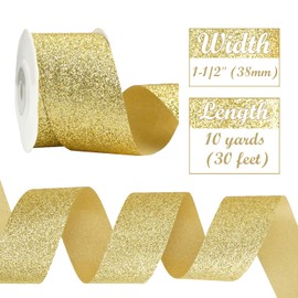 MEEDEE Gold Glitter Ribbon Gift Wrapping Cut Edge Ribbon 1-1/2 inch x 10 Yards Sparkly Ribbon for Gifts Wrapping Cards Crafts Wreaths Hampers Christmas Decor Wedding Party Home Decoration