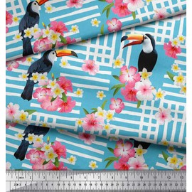 Soimoi Blue Cotton Canvas Fabric Floral & Toucan Bird Decor Fabric Printed BTY 56 Inch Wide