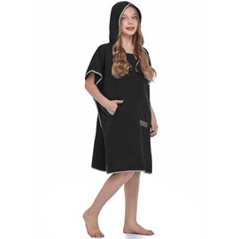 FLYILY - Toalla cambiadora de playa, poncho de surf, con capucha, mangas ajustables, para surf, natación, baño (negro, talla S - apto para niños (edad 8-13))
