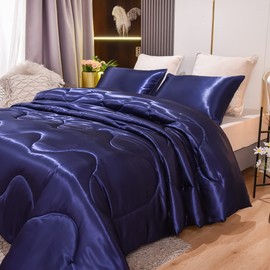 NTBED Silky Satin Comforter Set Queen Dark Blue, Soft Lightweight Microfiber Luxury Sexy Quilted Bedding Sets with 2 Matching Pillow Covers for Summer Spring Autumn