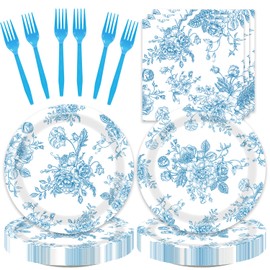 48PCS Blue and White Floral Party Decorations Dessert Plates Napkins Forks Serve 16 Guests