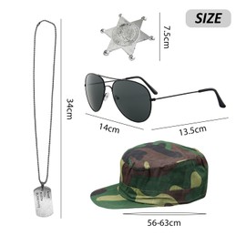 ZBHDEYG 4pcs Military Fancy Dress Kit Camouflage Military Hat Sunglasses Dog Tag Jewelry Badge Military Role Play Props Soldier Clothing Party Supplies Military Style, Hat (camouflage), glasses