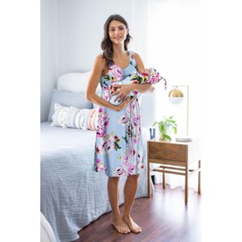 Baby Be Mine 3 in 1 Labor/Delivery/Nursing Hospital Gown and Matching Swaddle Set (Navy Stripe, L/XL pre preg 12-22)