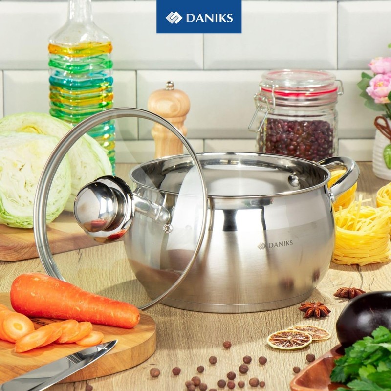 Daniks Classic Stainless Steel Stock Pot with Glass Lid –