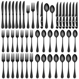 HaWare 48-Piece Black Silverware Set with Steak Knives, Stainless Steel Cutlery Set, Food Grade Flatware Set Service for 8, Mirror Finished Tableware for Home Restaurant, Include Knives, Forks, Spoons