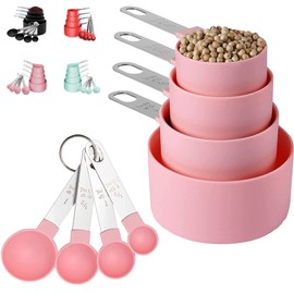 Juegos de 8 Cucharas Medidoras Set,Tazas y Cucharas Medidoras Acero Inoxidable,Herramientas de Medición grabado con Marcas Métricas para,Hornear, Dosificar, Medir Líquidos y Los Ingredientes (pink)